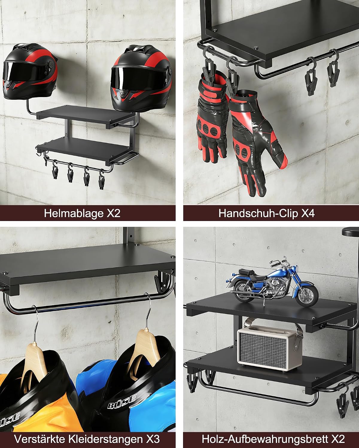 Helm-Wandhalterung mit 2 Ablagen und Haken-Set, Schwarz-klein