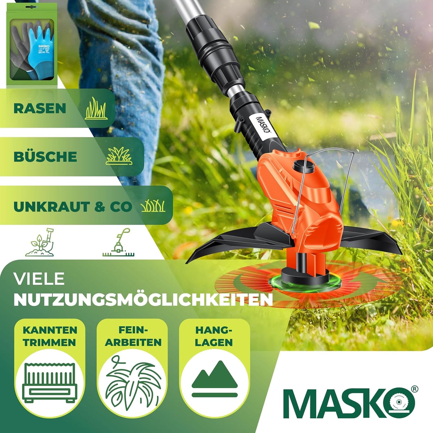 Akku-Rasentrimmer mit Teleskopstiel & 20 Nylonklingen, Orange