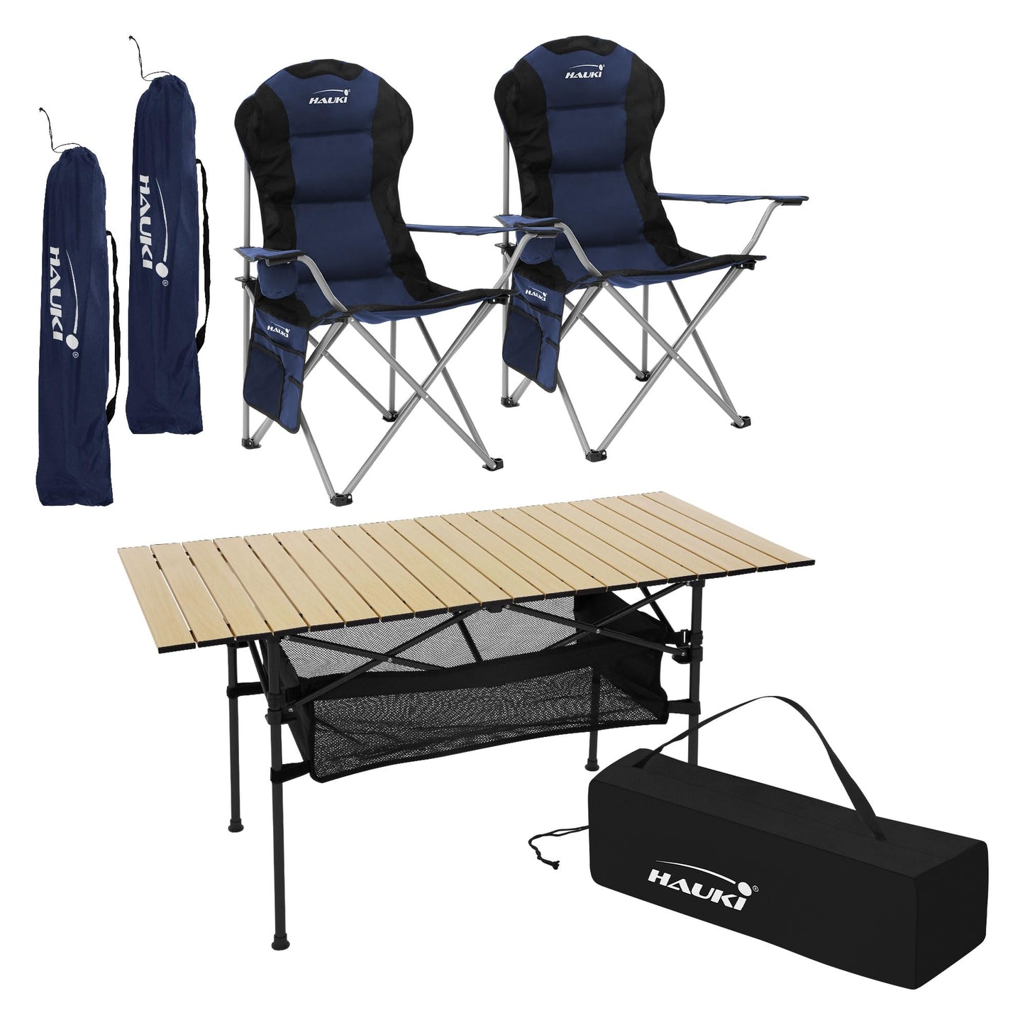 3-teiliges Campingmöbel-Set faltbar, mit Tragetasche, Campingtisch Beige 2x Campingstuhl Blau