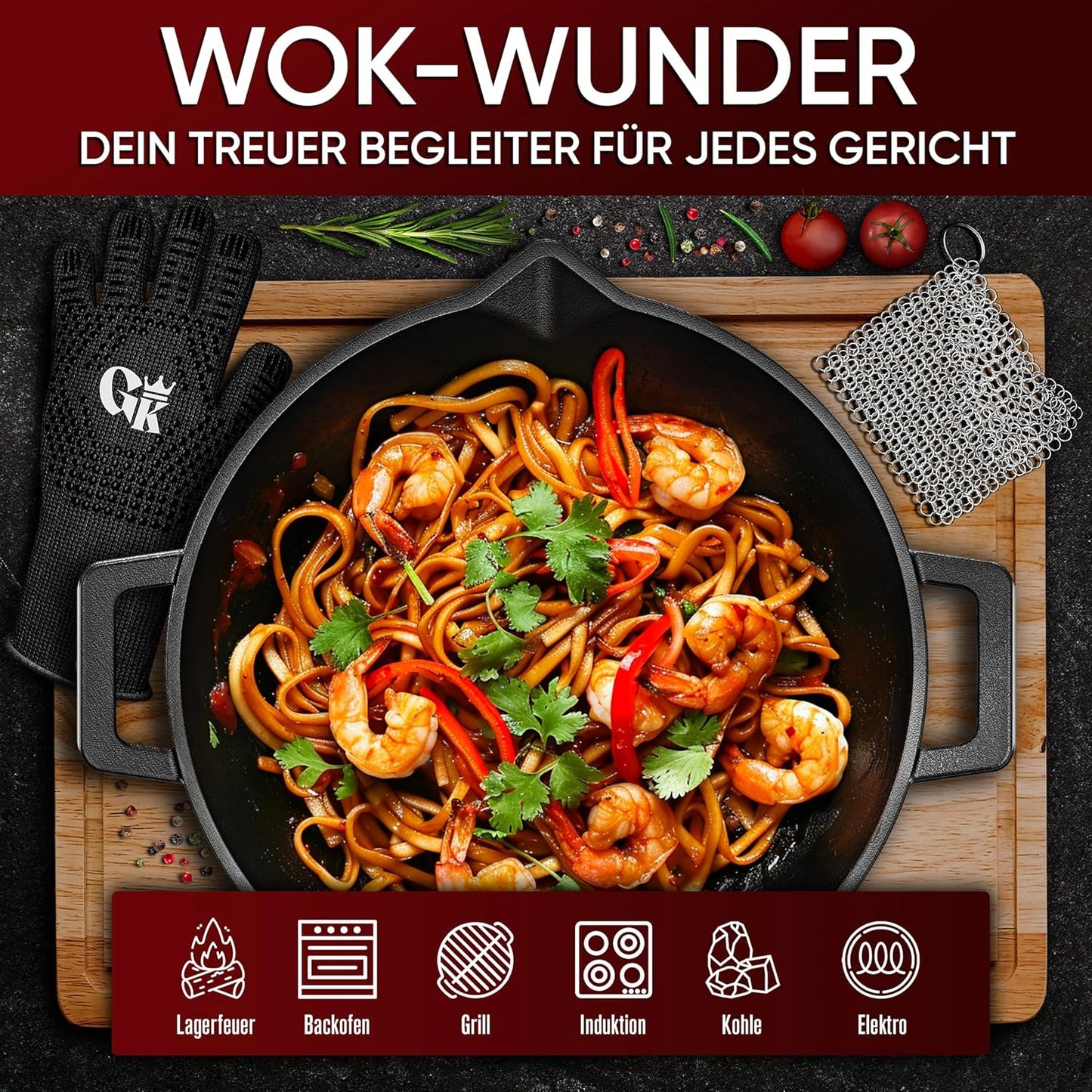 Gusseisen Wok Pfanne, 35 cm, mit Grillhandschuhen, Wok Pfanne mit Pflegepaste 35cm