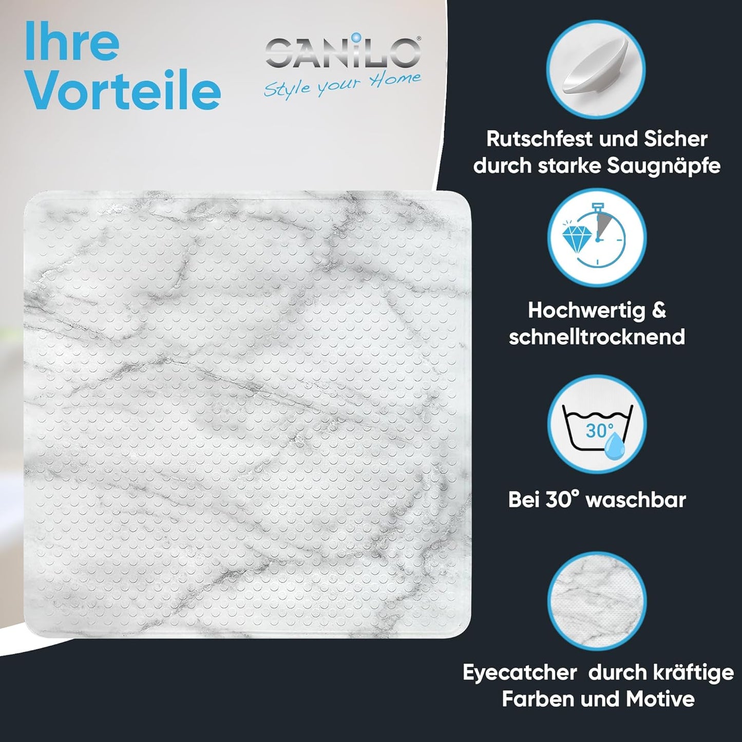 Rutschfeste Badematte 53 x 53 cm, maschinenwaschbar, Marmor