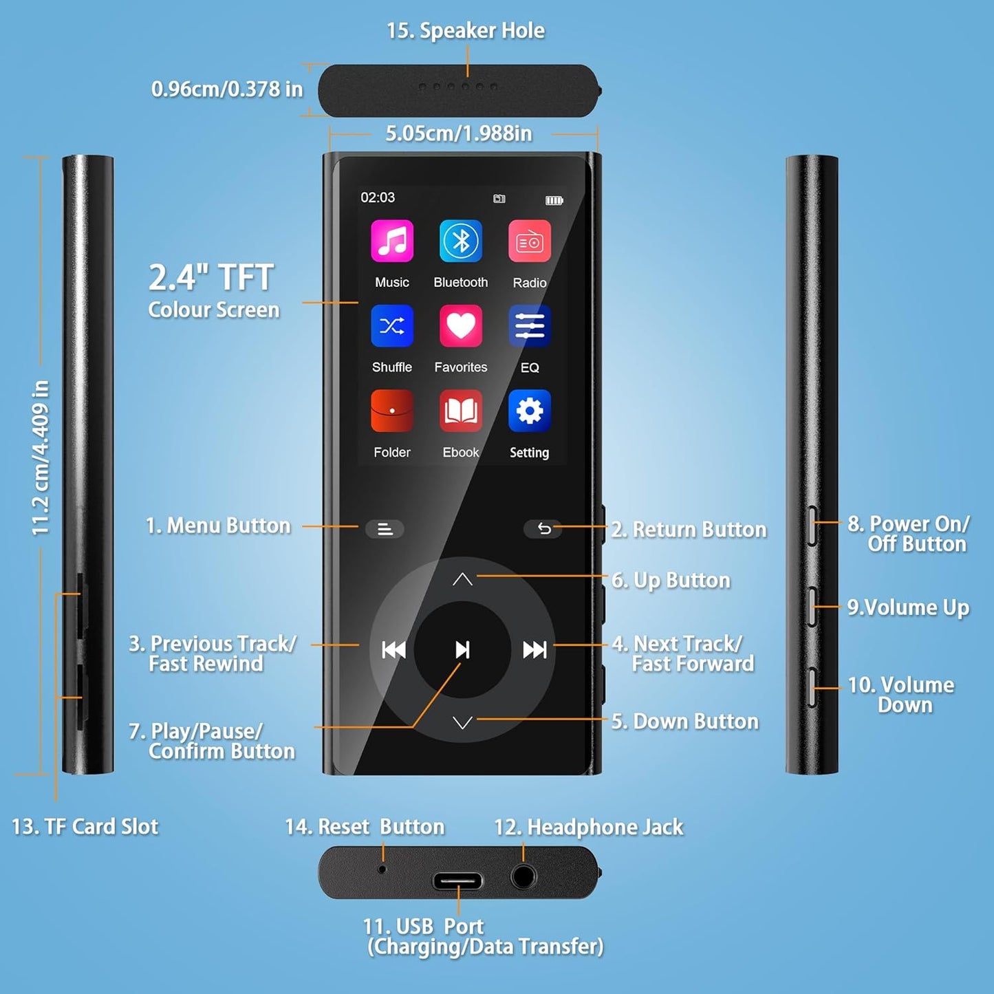 MP3-Player mit Bluetooth 5.3 und Lautsprecher, 90 GB