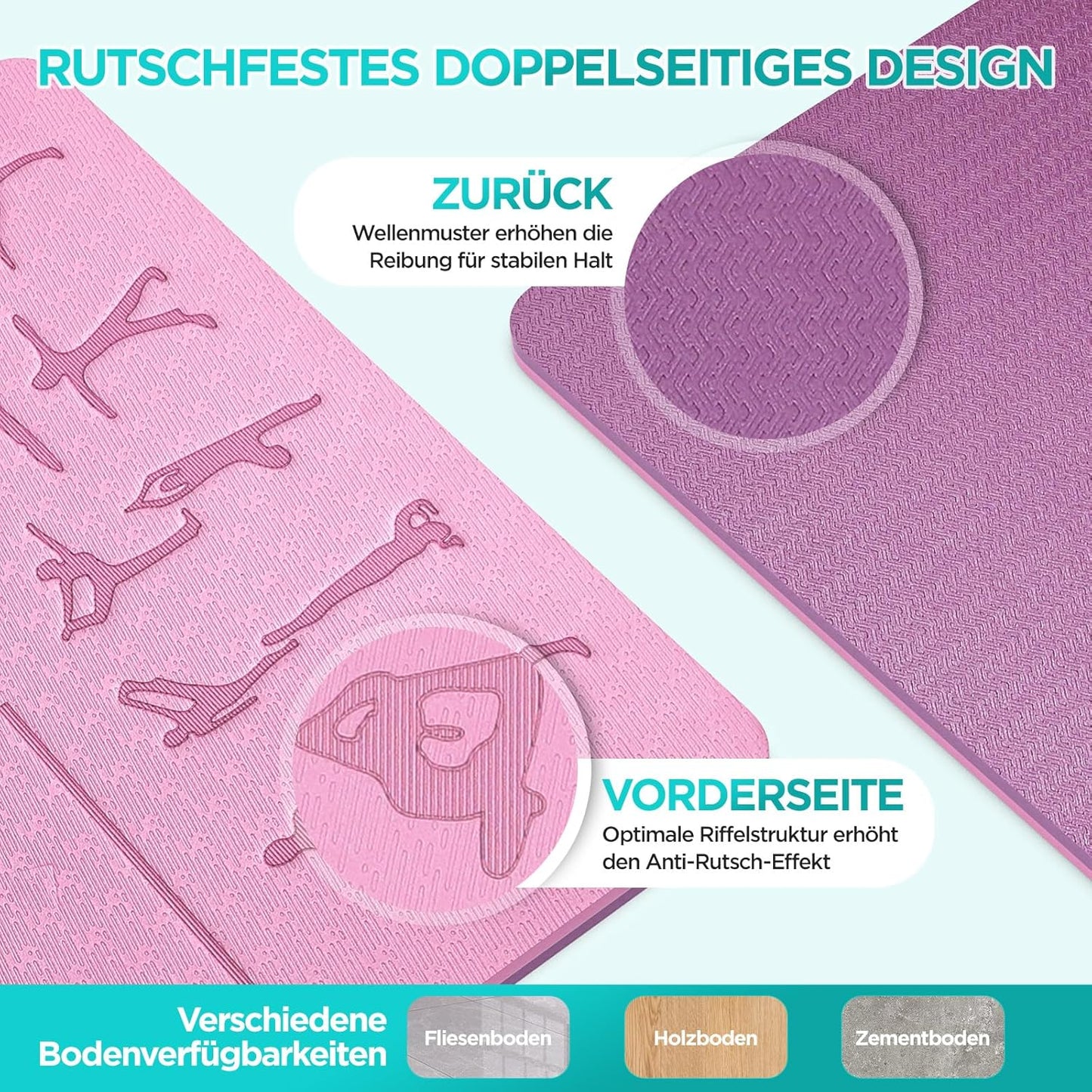 Rutschfeste Yogamatte, lila und rosa 183 cm x 61 cm x 1 cm