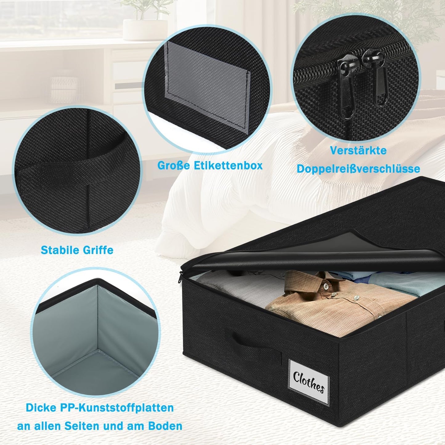 4er-Set faltbare Unterbett-Aufbewahrungsboxen, Schwarz-4pcs