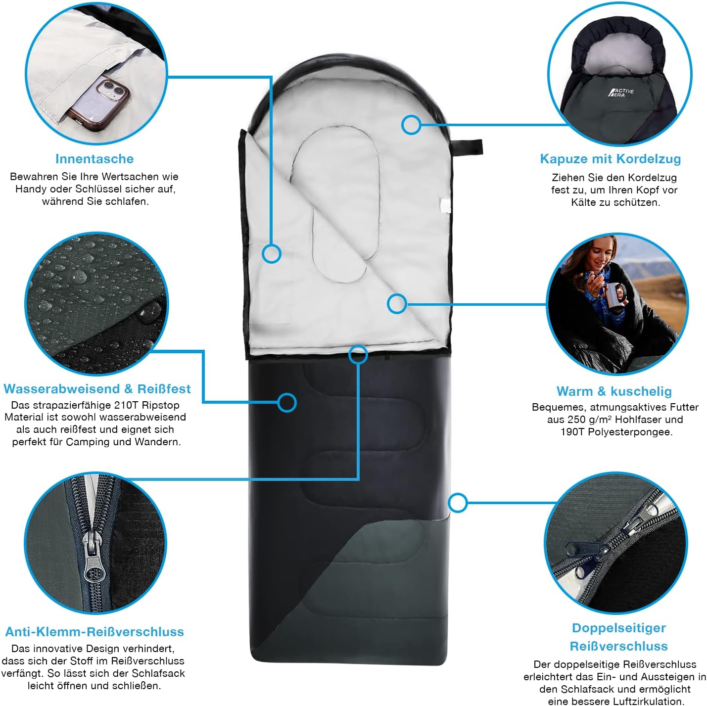 Wasserabweisender Mumienschlafsack, Schwarz