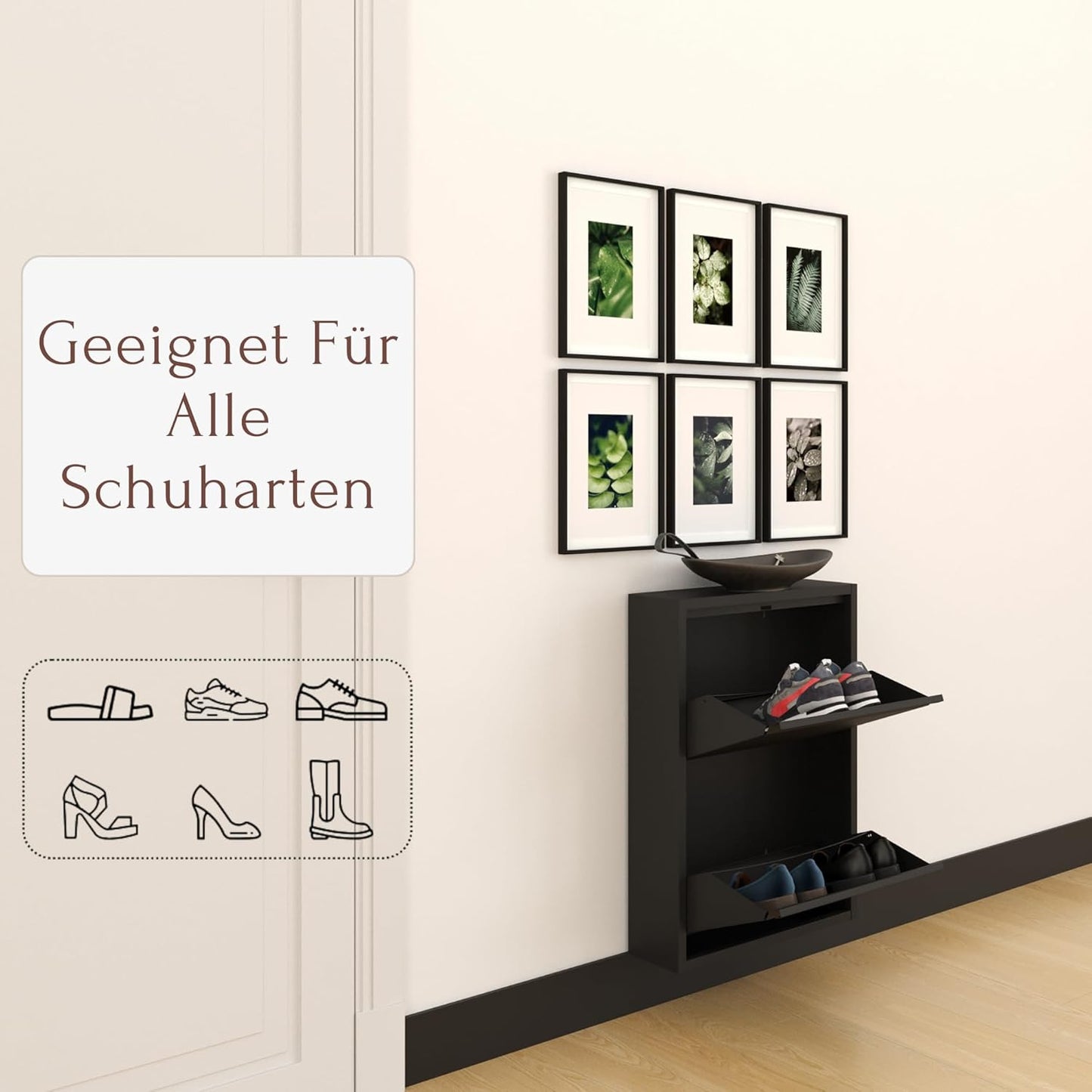 Schmaler Metall-Schuhschrank mit Magnetklappen, 2 Klappen Schwarz