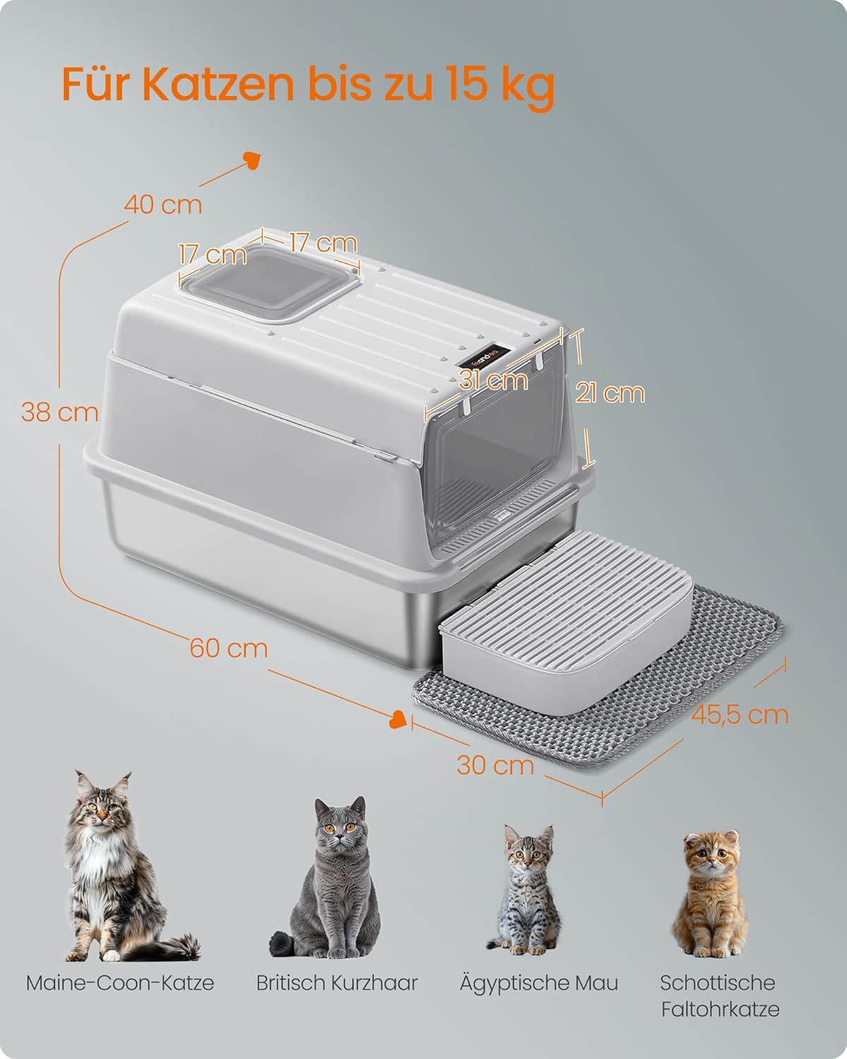 Katzentoilette PPT007GD01 mit Deckel, Schaufel, Katzenstreumatte und 2 Eingängen, hellgrau