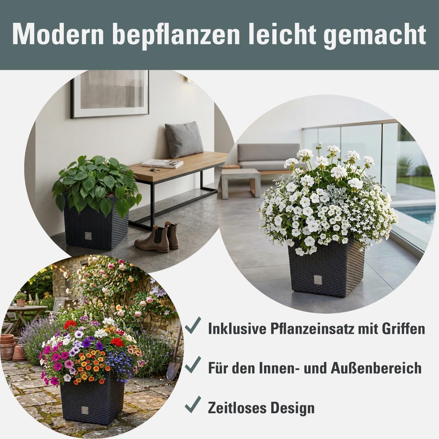 Quadratischer Blumentopf in Rattan-Optik, 64 L, 40x40x40,8