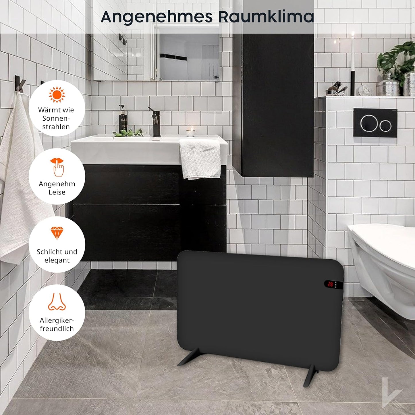 Dual-Infrarotheizung V2 mit App-, Fernbedienung und Handtuchhalterung, 450 Watt - Schwarz mit Display