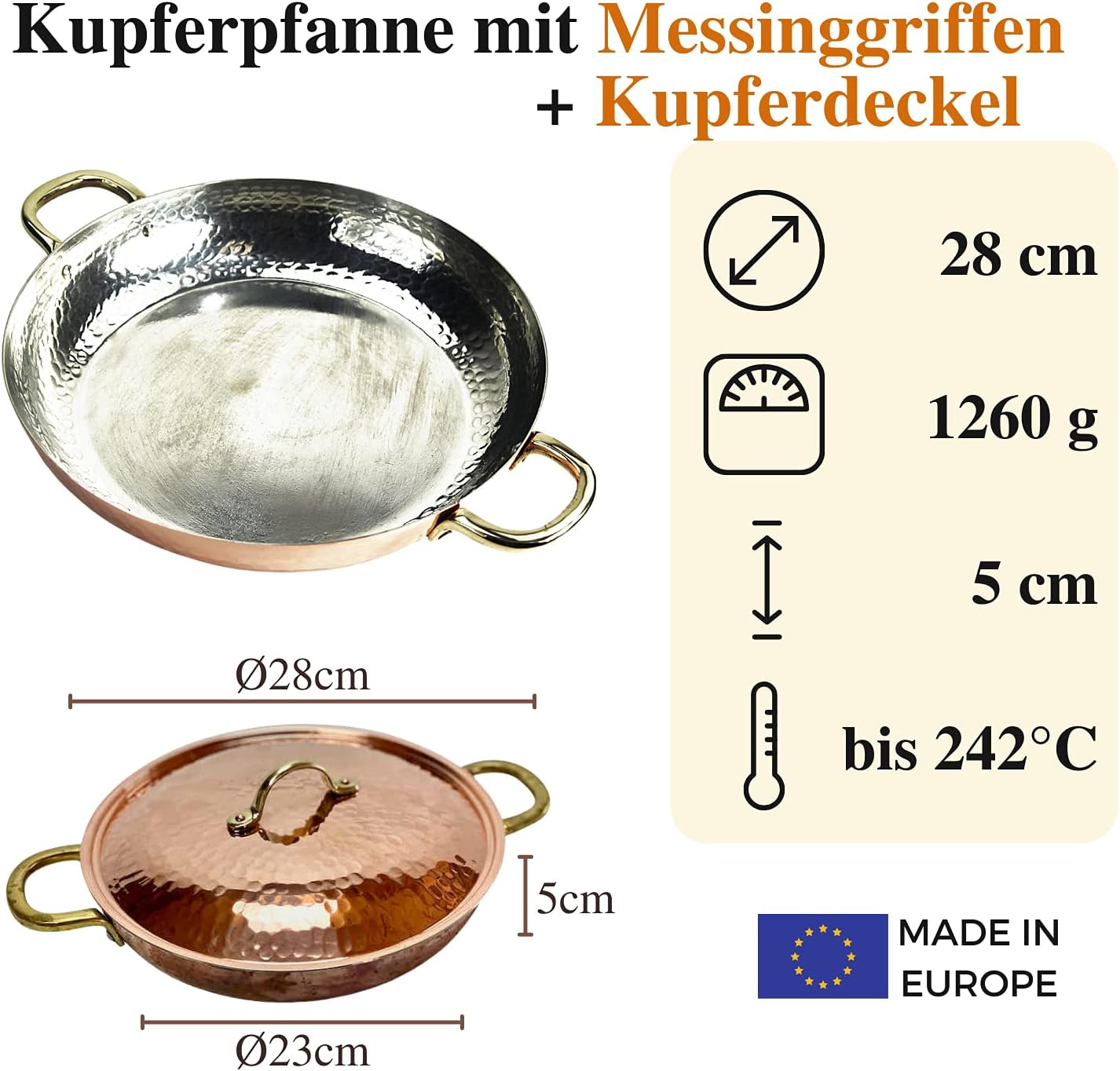 Kupferpfanne mit Deckel, 28 cm mit Griffen und Deckel