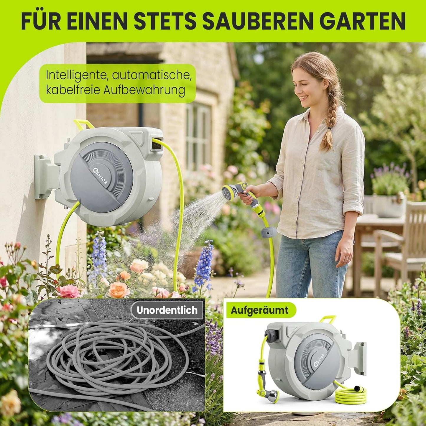 Automatische Schlauchtrommel 30m, schwenkbar mit Gartenbrause, Grün & Grau 30M