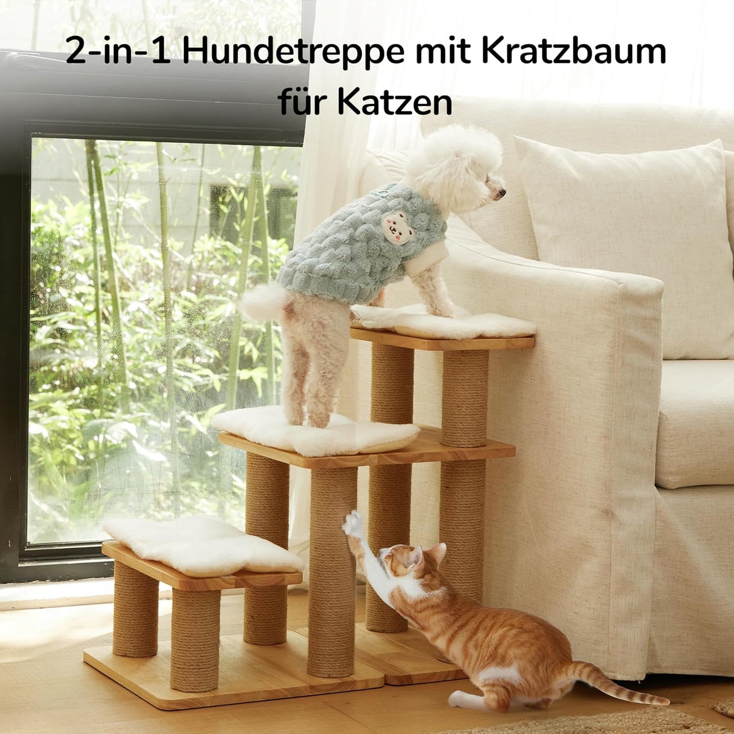 Haustiertreppe mit 3 Stufen, bis 90 kg belastbar, Gummiholz - Weiss Plüschkissen