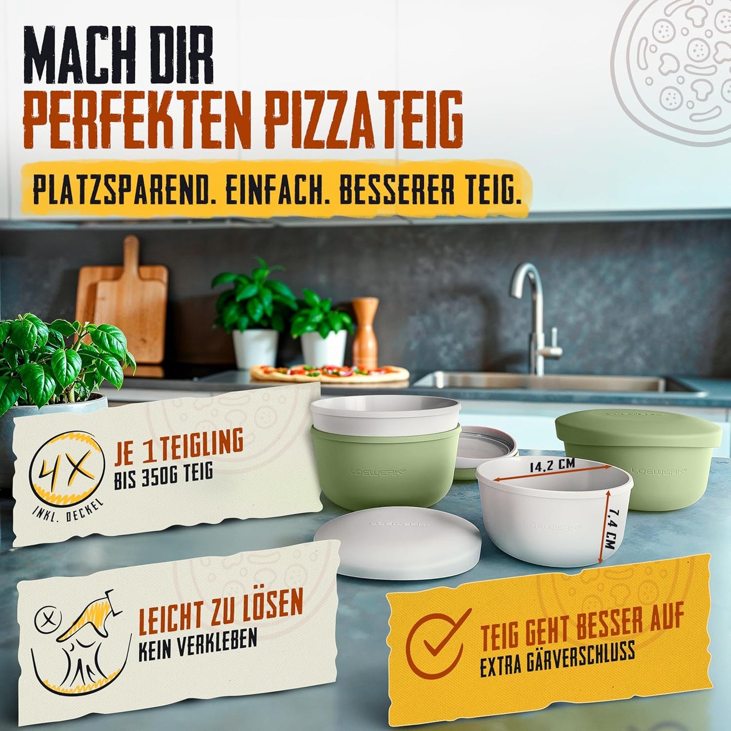 4er-Set Pizzaballenbox mit Deckel, 4 Stück olive+grau