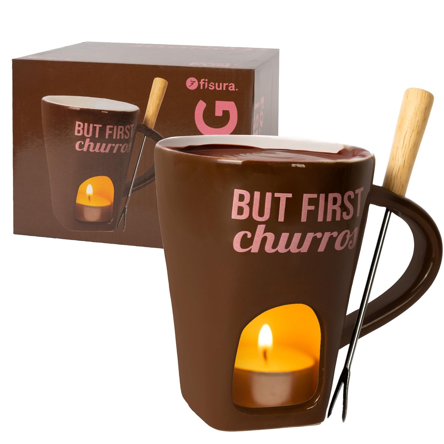 Fondue Tasse mit Gabel, Churros, Braun