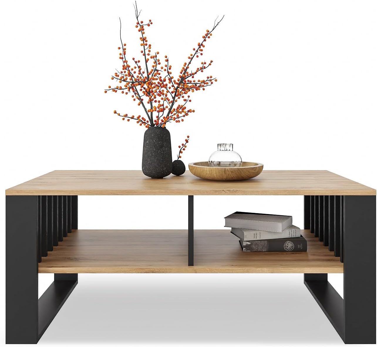 Moderner Couchtisch mit Stauraum und Lamellenelementen, Ewige Eiche