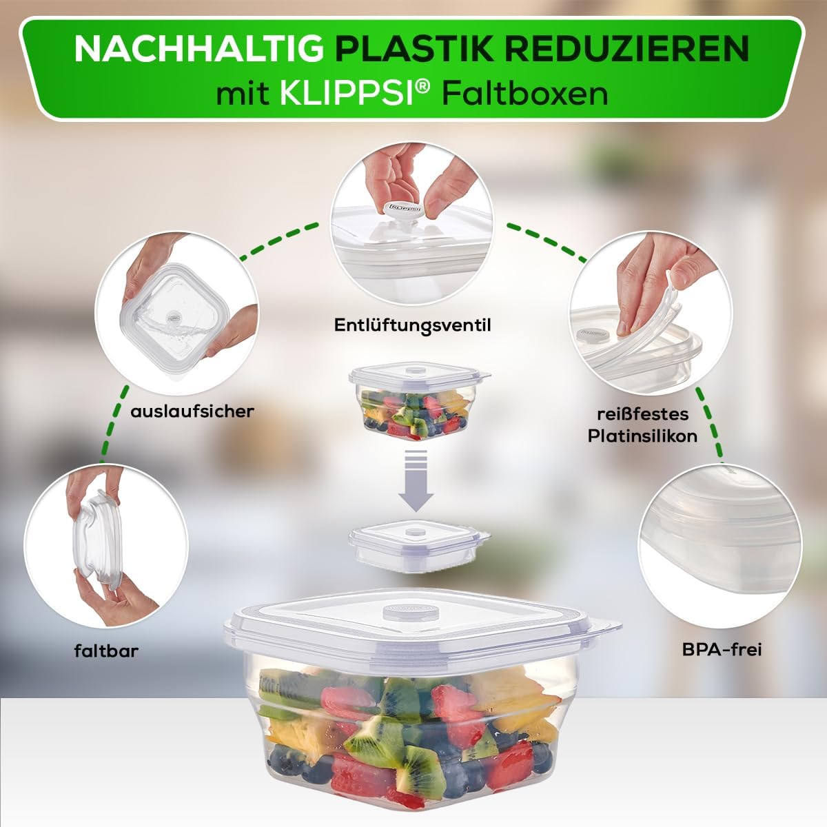 Faltbare Lunchbox Frischhaltedosen, 2 Stück, spülmaschinenfest, auslaufsicher, Transparent 1200ml (Doppelpack)