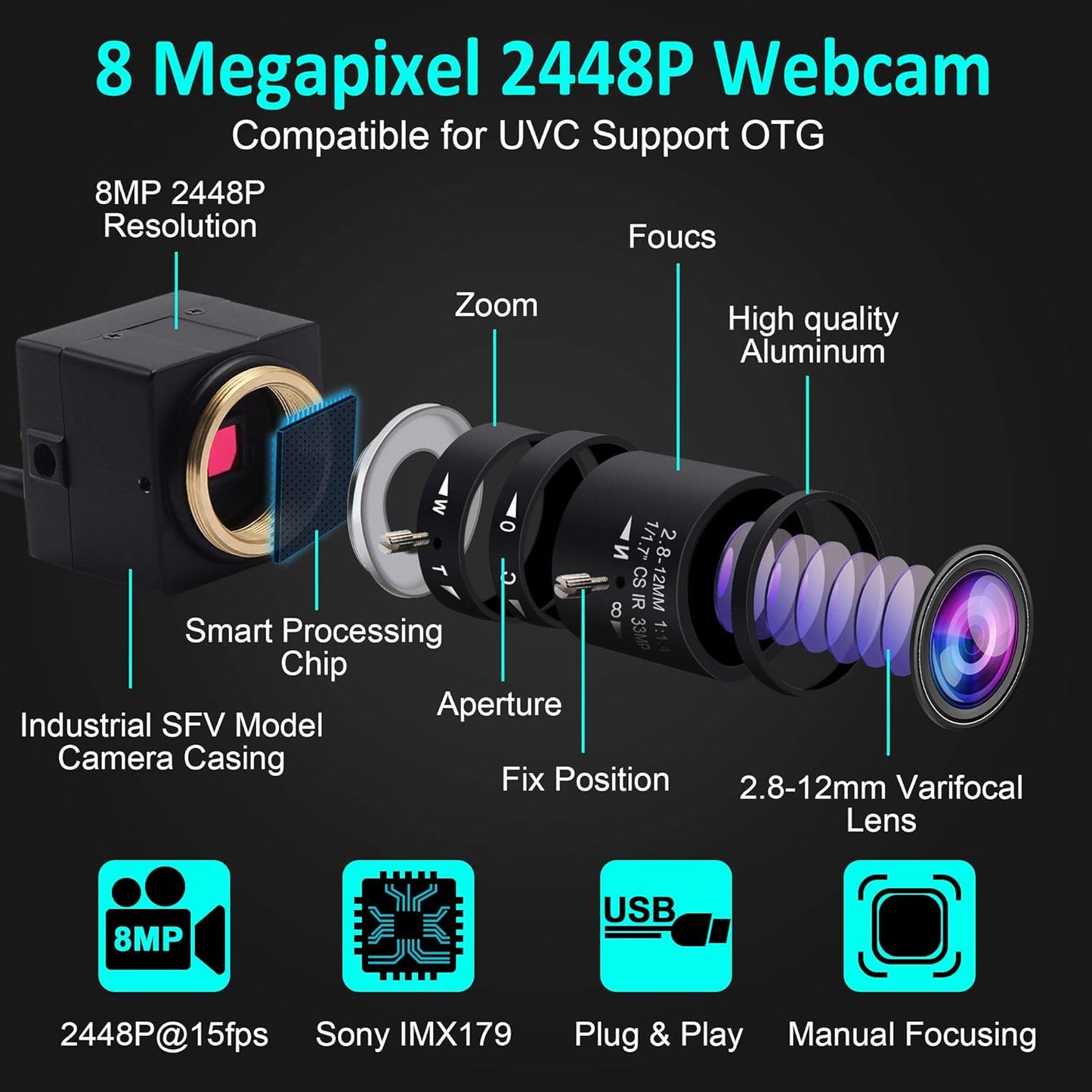 8MP Zoom-Webkamera mit variablem Fokus, 8MP Webcam