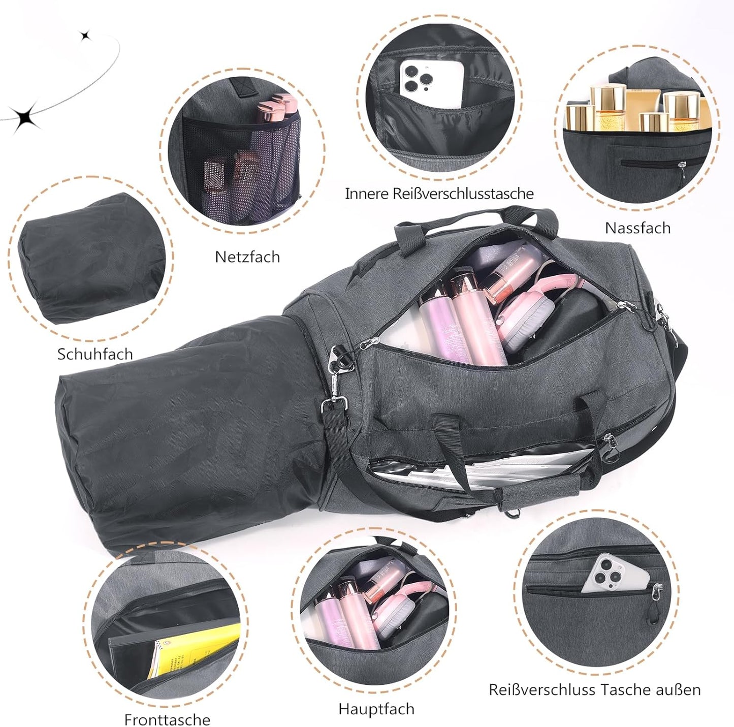 Sporttasche mit Schuh- und Nassfach, 40L, Grau