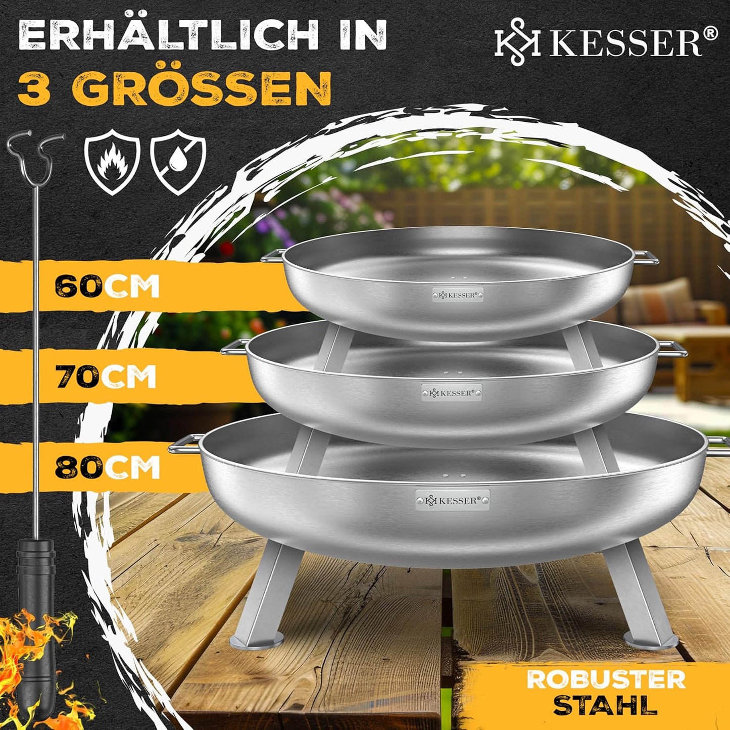 Feuerschale mit Feuerhaken, Ø 60 cm Legierter Stahl