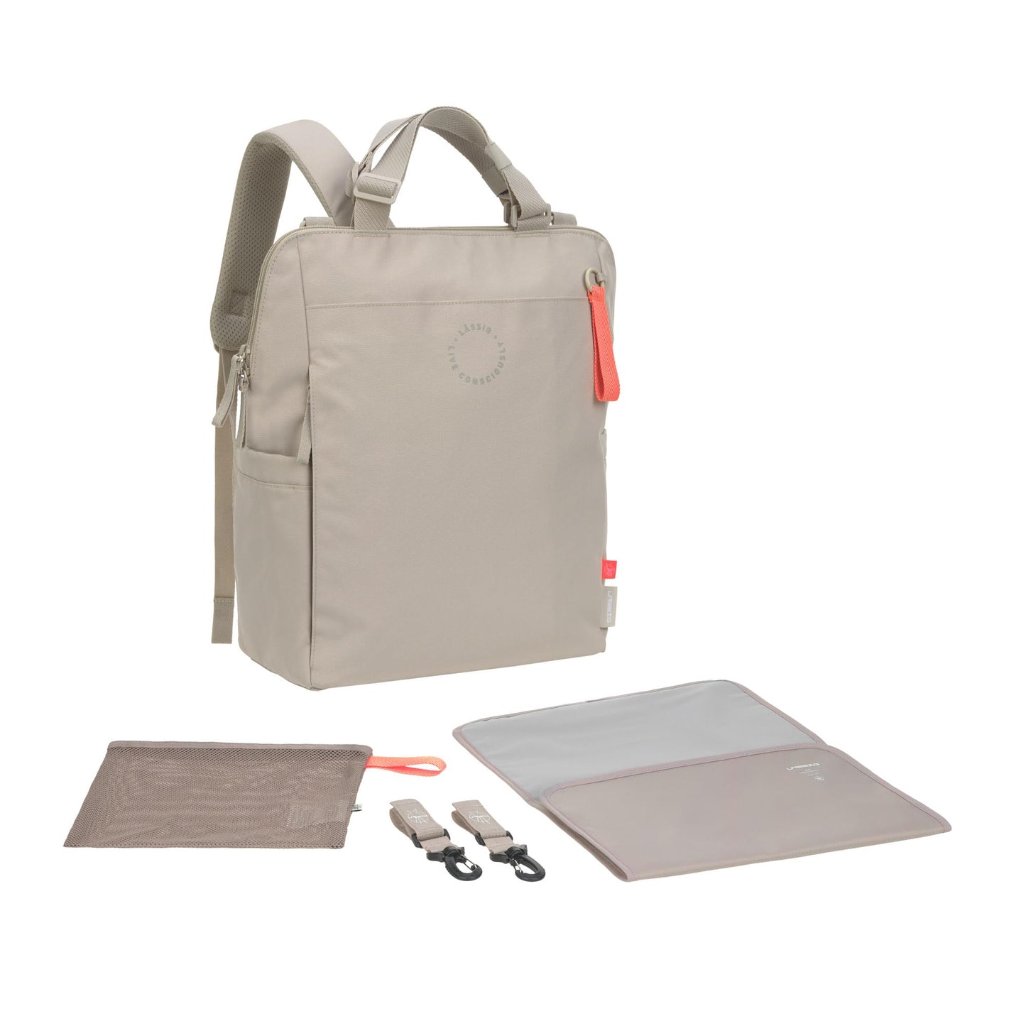 Wickelrucksack mit Wickelunterlage und Kinderwagenbefestigung, Beige