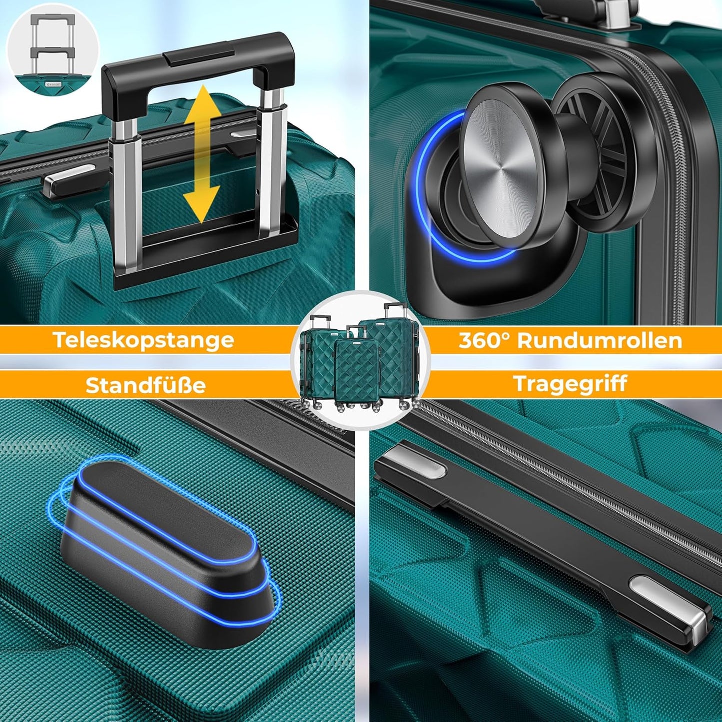 Reisekoffer-Set (3-teilig) mit Zahlenschloss & Zubehör, Petrol Teal
