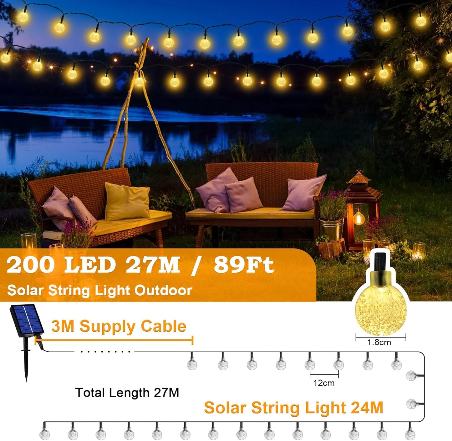 Wetterfeste Solar-Lichterkette, Warmweiss 200LED 24+3M
