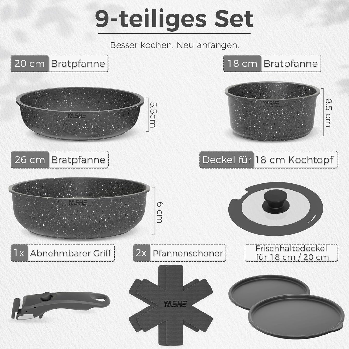 9-teiliges Antihaft-Topf- und Pfannenset, stapelbar, Grau