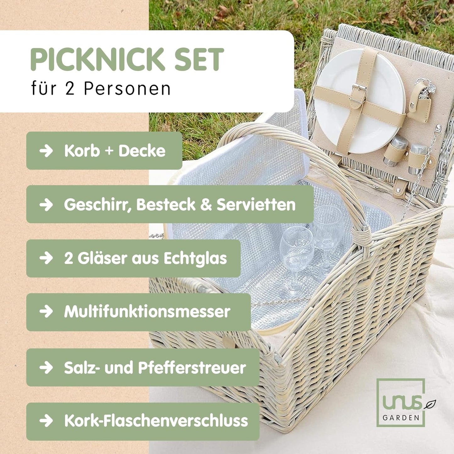 Picknick Set mit Kühltasche und Decke für 2 Personen, Grau / Weiss / Blau