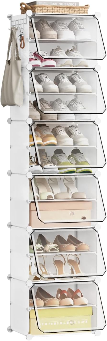 Schuhregal mit 12 Fächern, Weiss+transparent 12 Fächern（40Bx30Tx183H）