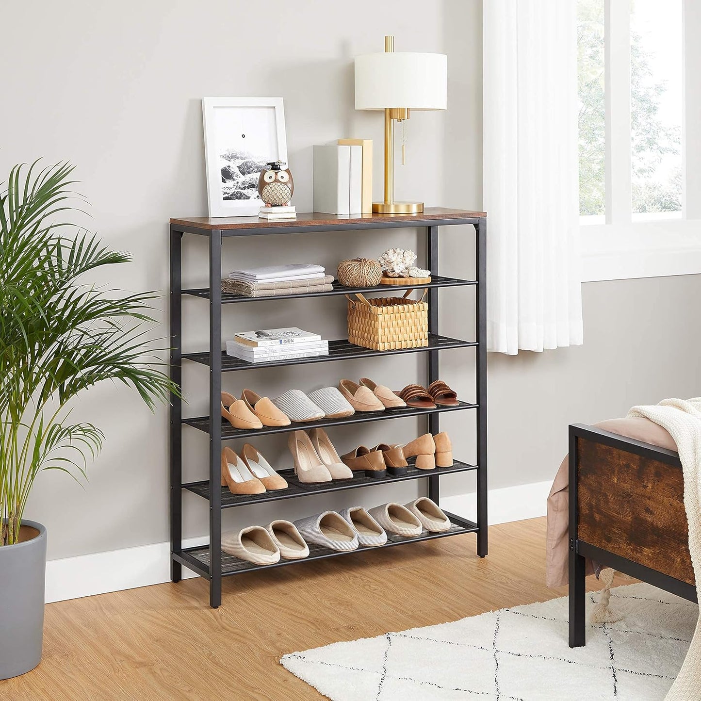 Schuhregal mit 5 Ebenen im Industrie-Design, 100 cm x 30 cm x 110 cm Vintagebraun + Schwarz