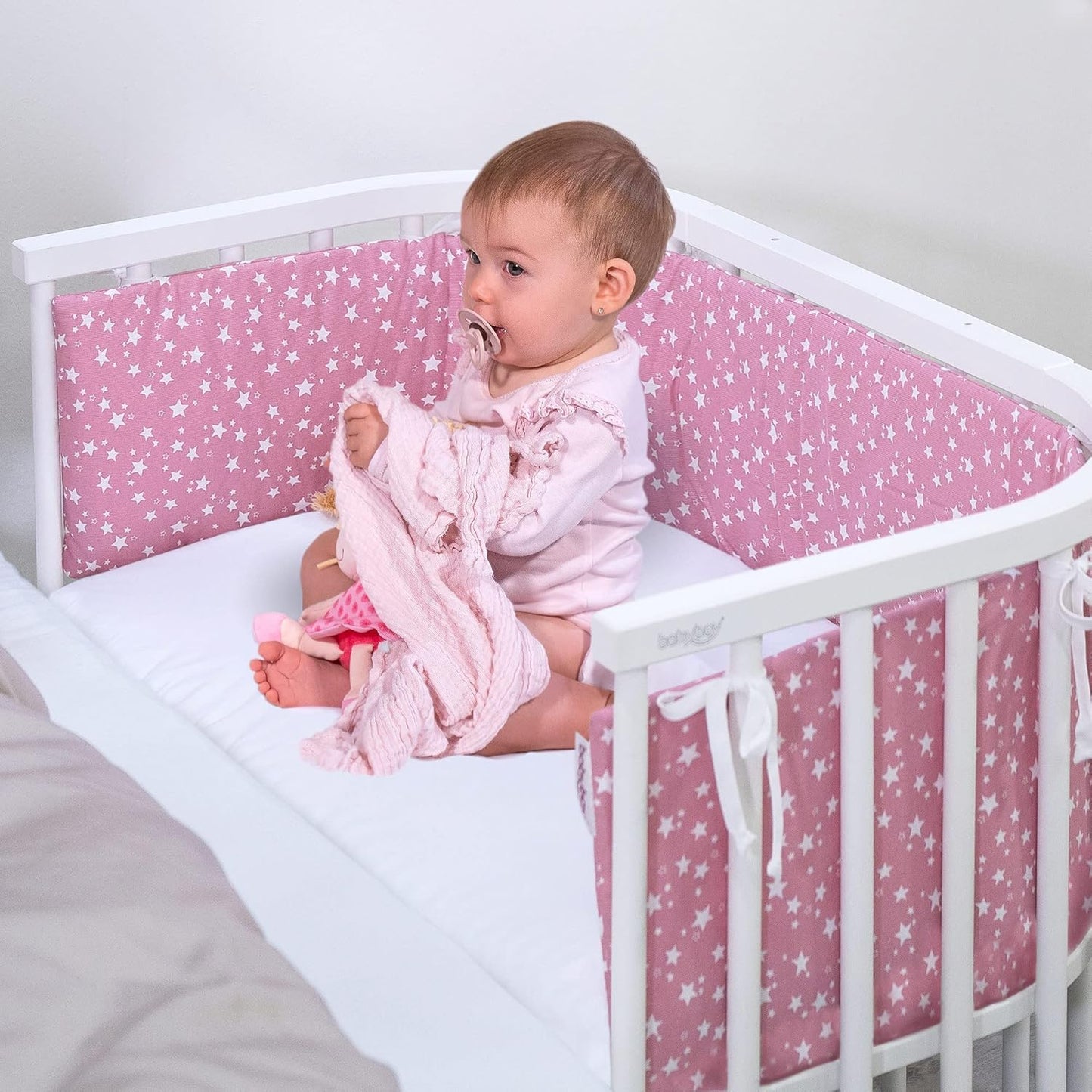 Nestchen Mesh für Babybett, weiss Glitzersterne rosé für Modell Original