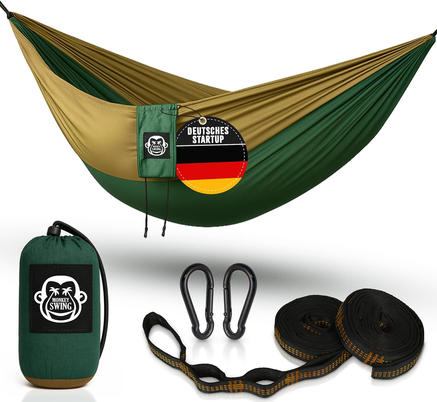 Ultraleichte Hängematte inkl. Karabiner & Gurte, Grün/Khaki