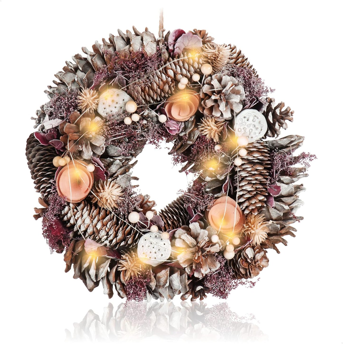 Weihnachtskranz mit warmweissen LEDs und Timer, Grösse 2 - L Led - Zapfen + Blüten - Rosa + Lila