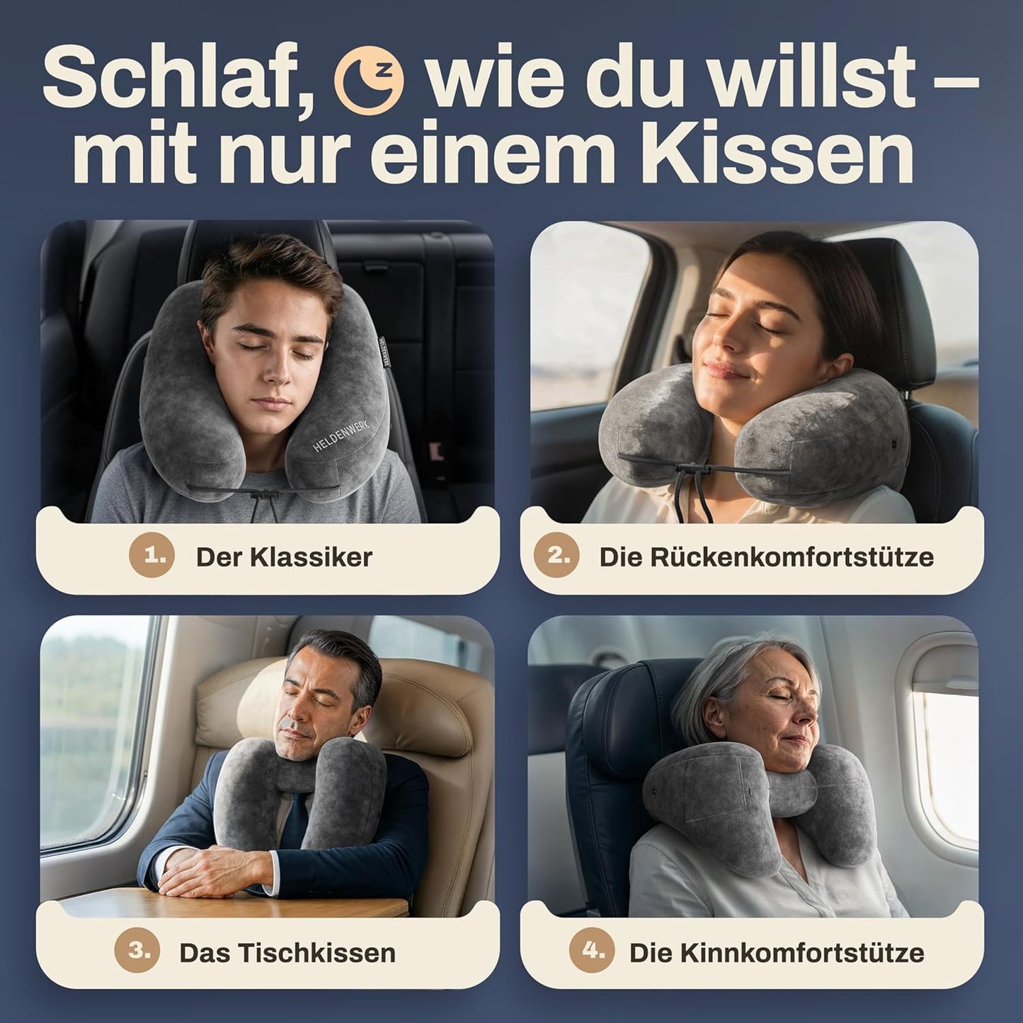 Aufblasbares Nackenkissen mit abnehmbarer Kapuze, Grösse L, Dunkelgrau Gross - passt den meisten