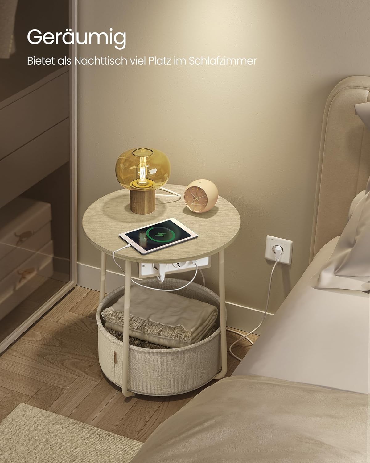 Runder Beistelltisch mit Steckdose und Stauraum, Naturbeige + Cremeweiss