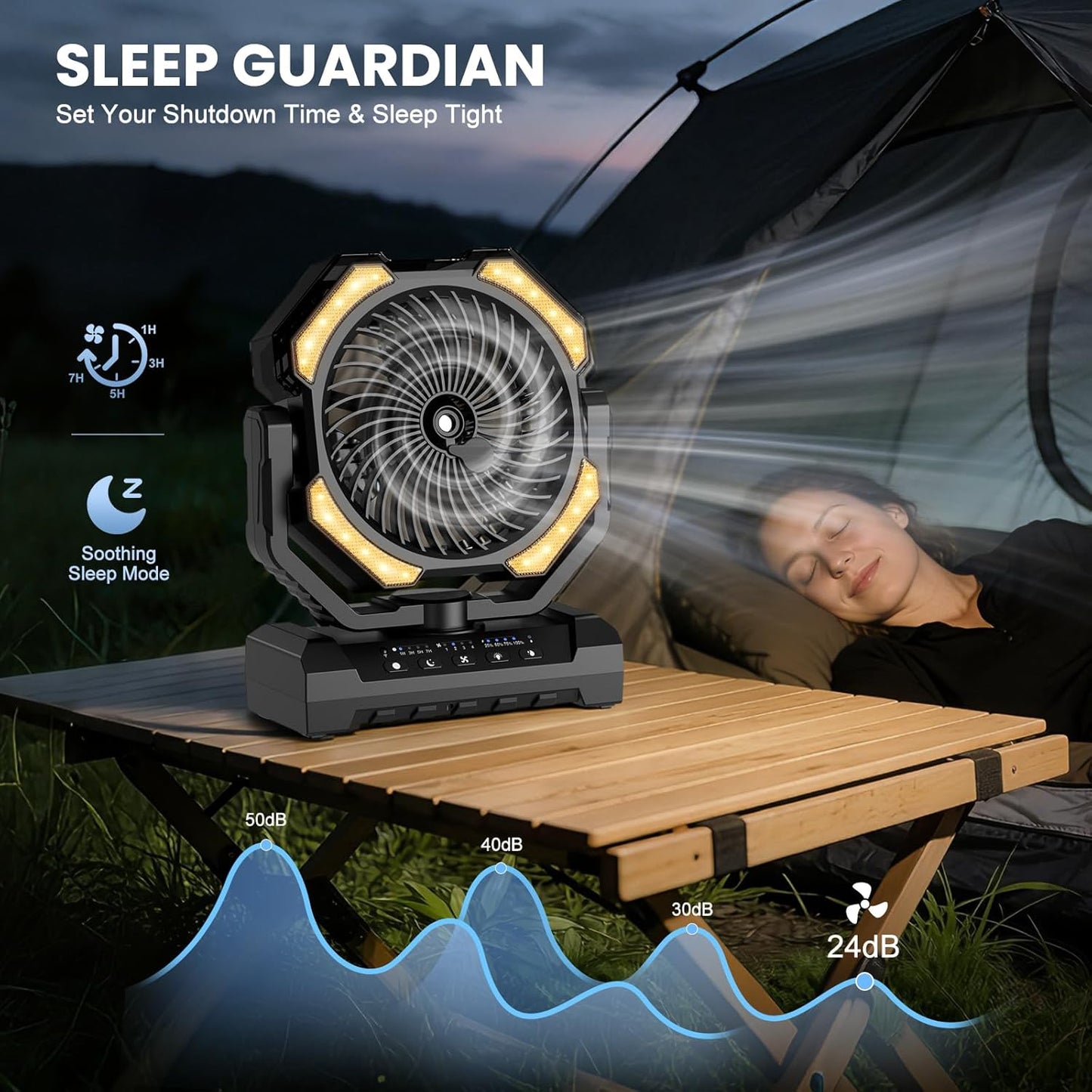 Akku Campingventilator mit Sprühfunktion und Fernbedienung, Schwarz