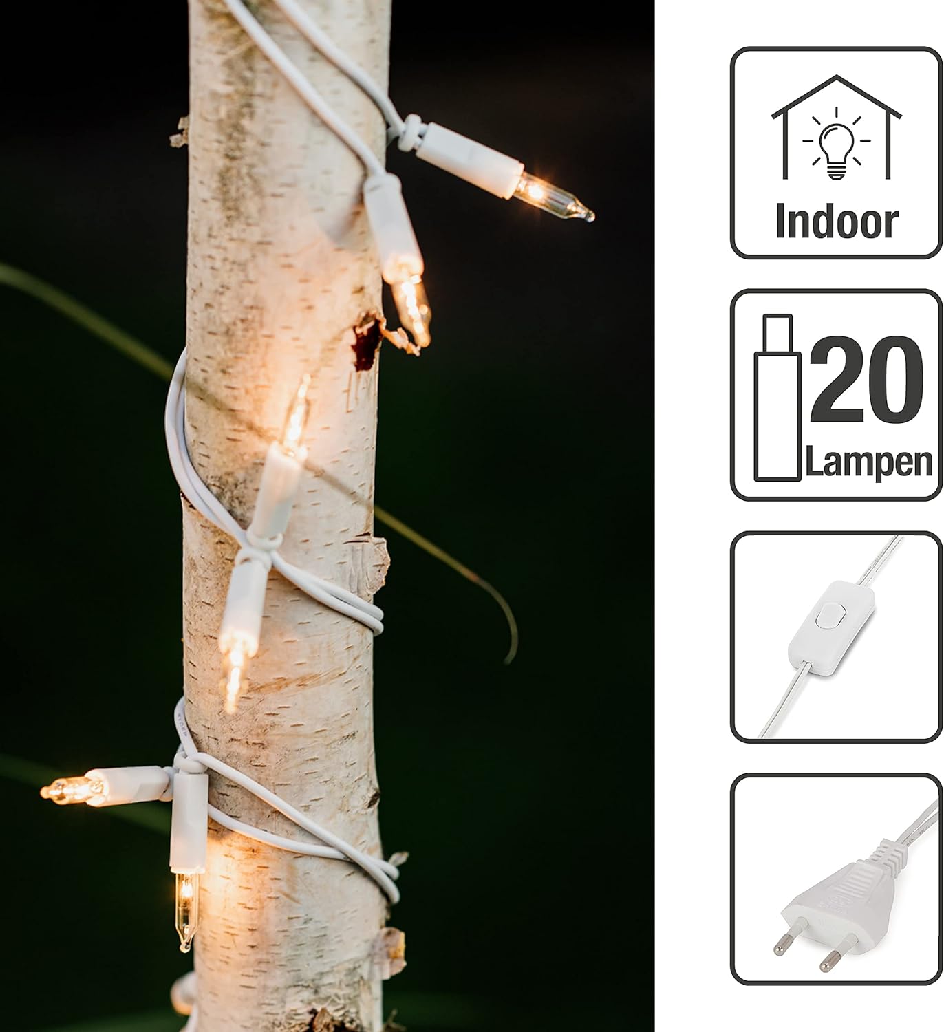 832051, Warmweiss / Schaft Weiss (Schalter), 20 Lichter/beleuchtet 285 cm