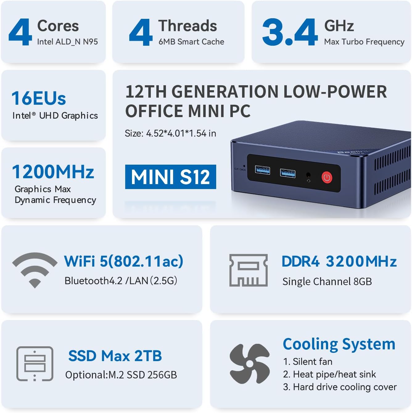 Mini PC Mini S12 mit Intel N95 Prozessor, 12G DDR4 RAM, N95 12+500G