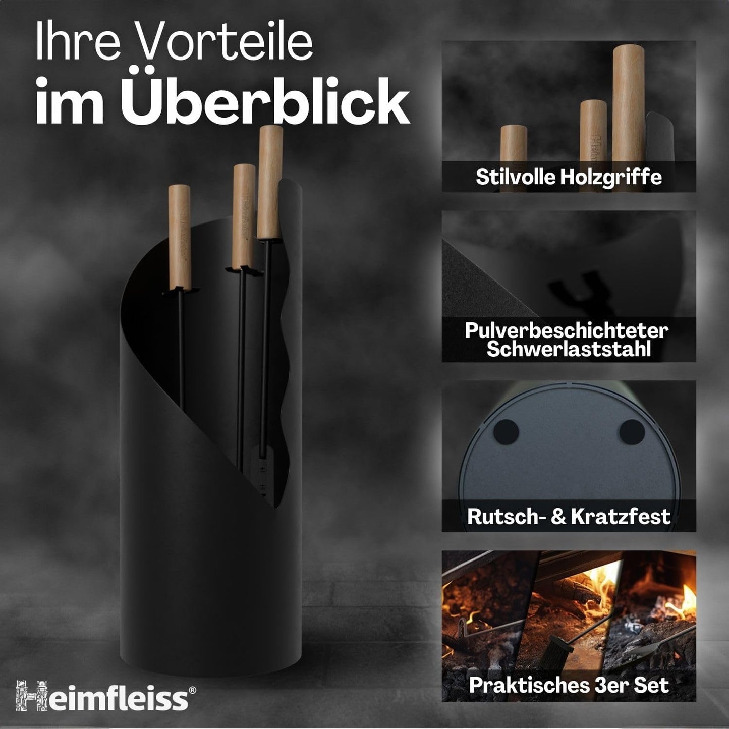 4-teiliges Kaminbesteck-Set, Schwarz mit Holzgriffen