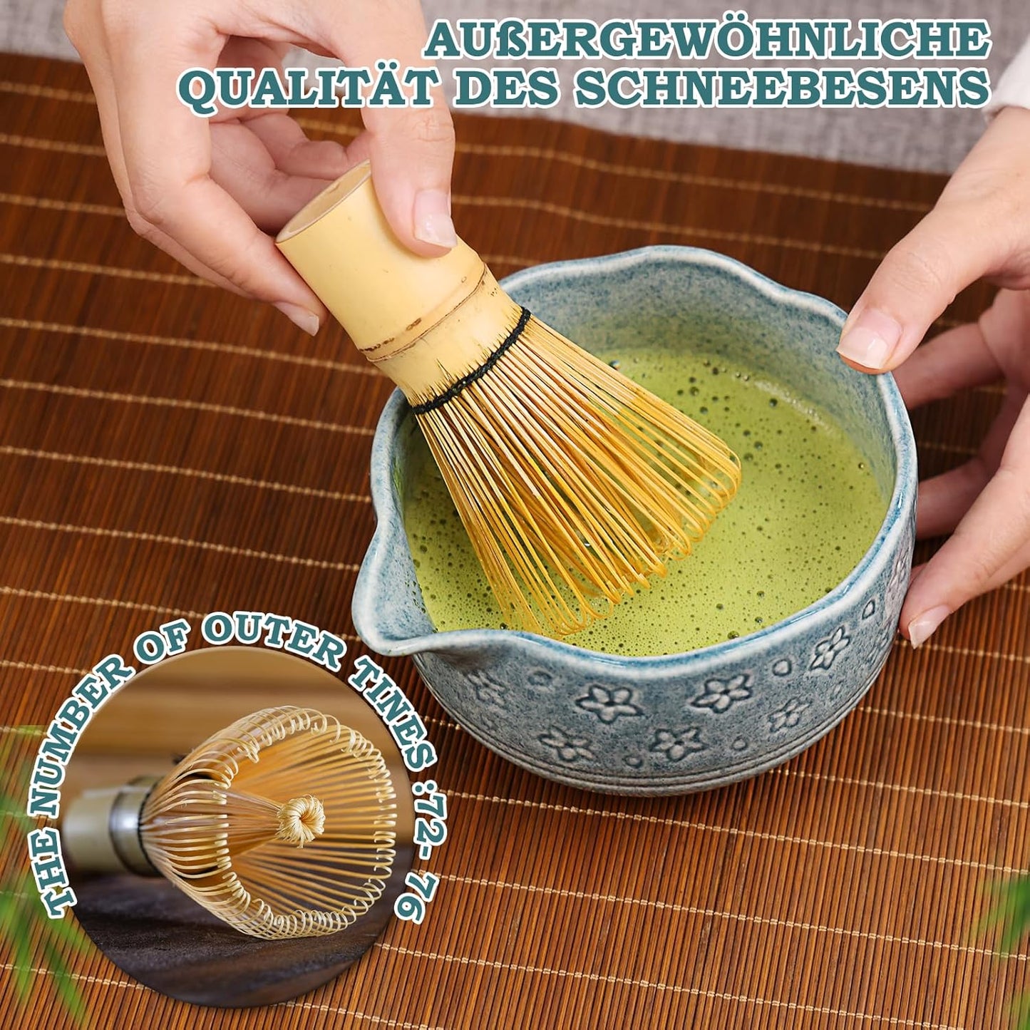 7-teiliges Matcha Tee-Set mit Bambusbesen & Zubehör, Dunkelblau