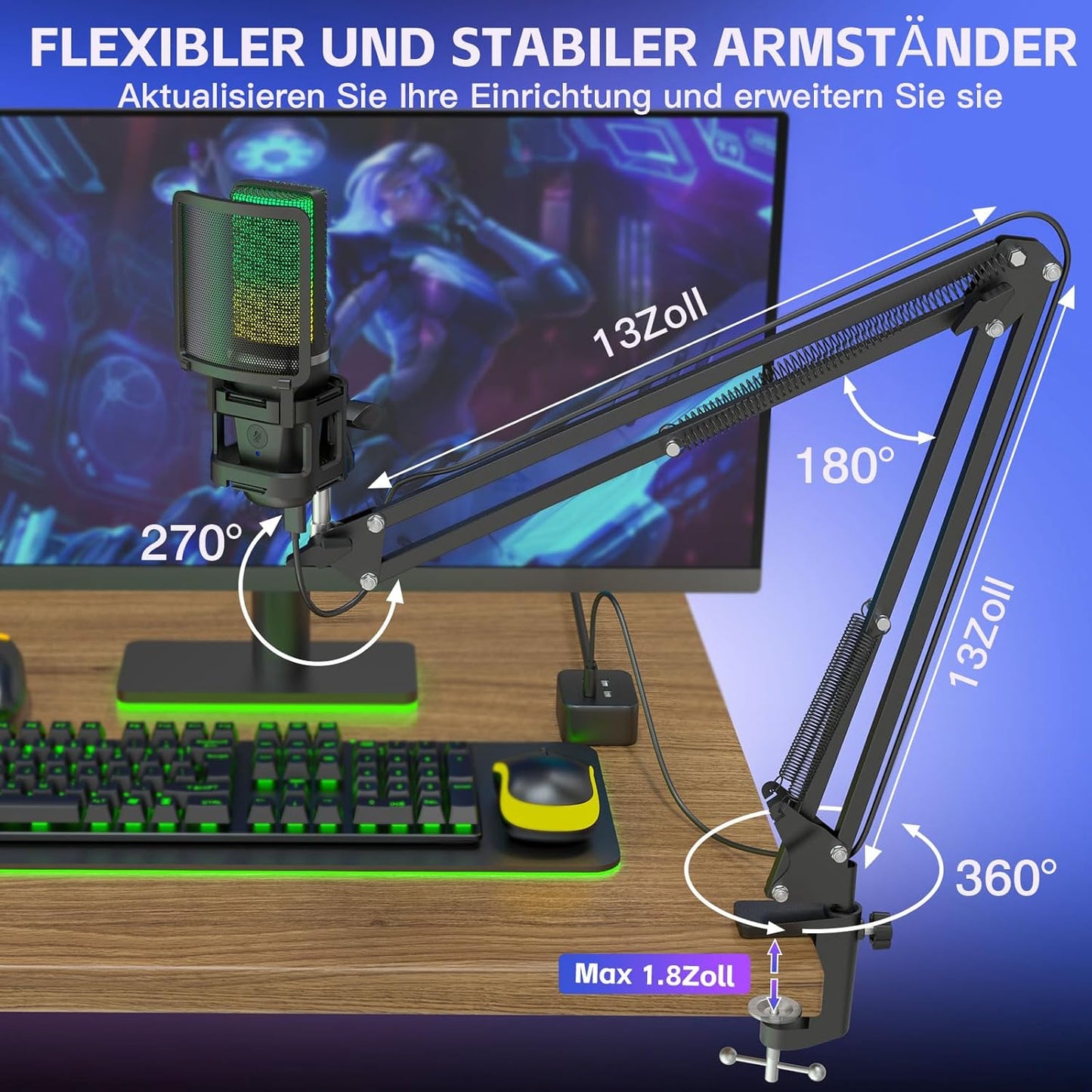 USB Gaming Mikrofon A68S mit RGB/Mute & Ständer-Set, A68S + Stativ & Boom arm