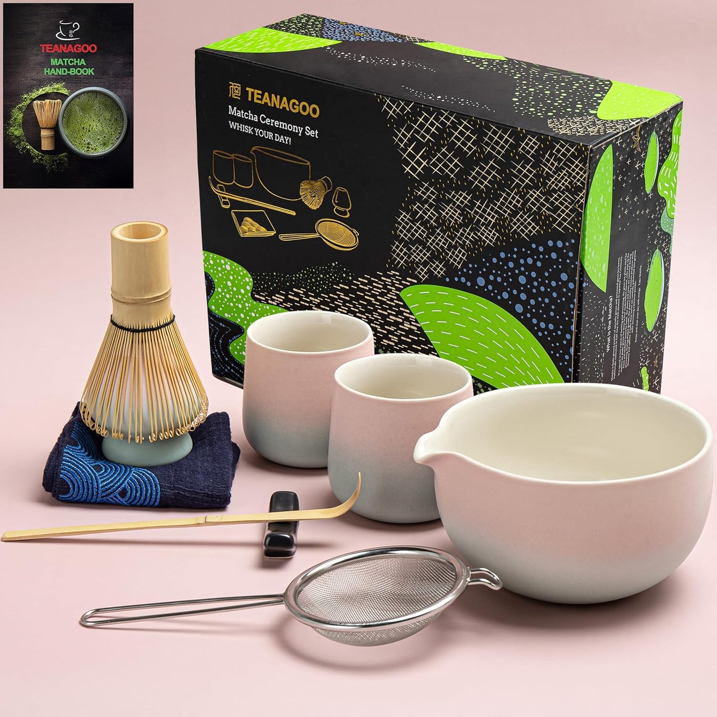9-teiliges Matcha Tee-Set mit Zubehör, 9Stück/Set, Schüssel-Set + 2 Tassen Grün Grident Pink-