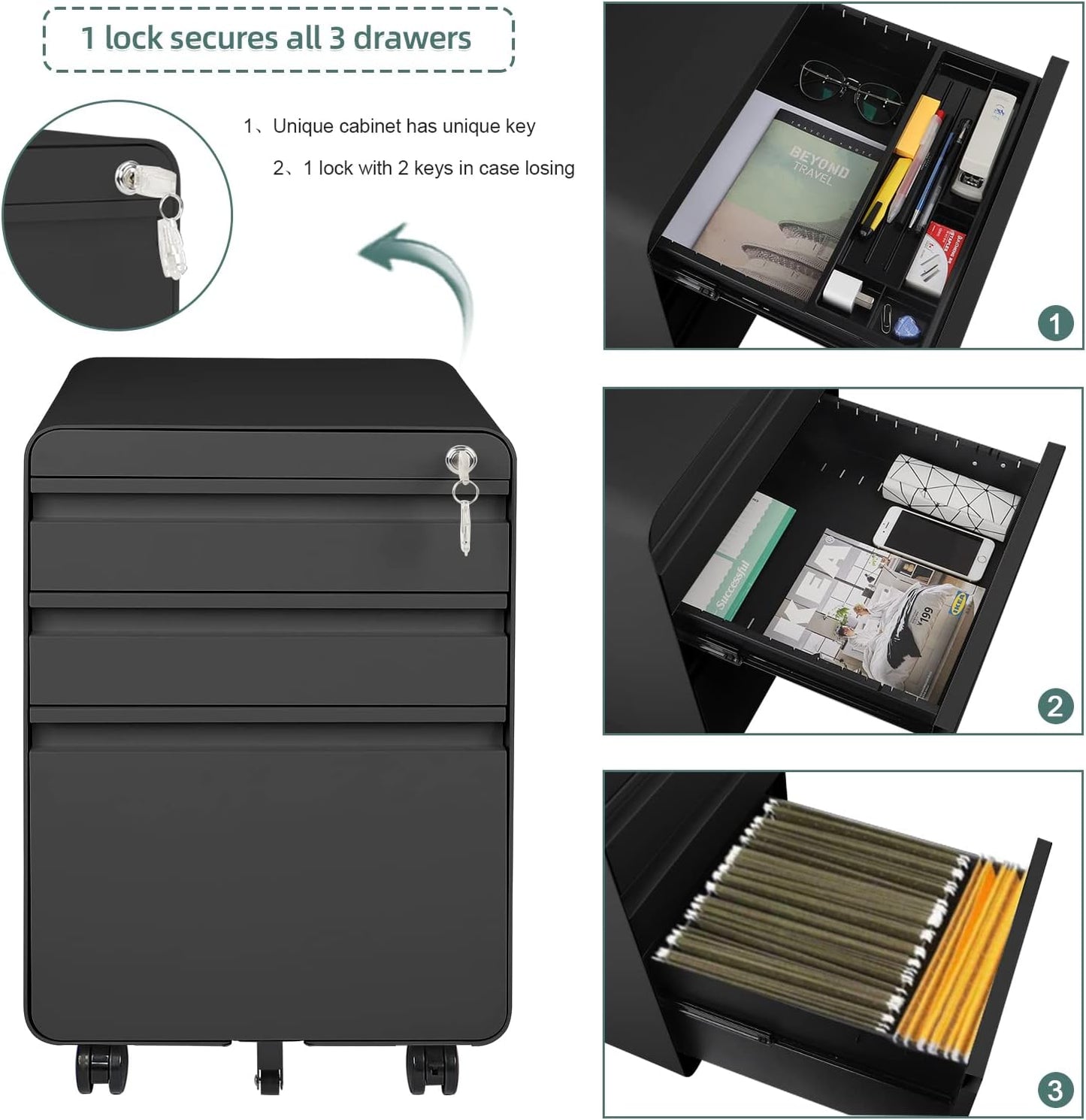 Stahl Rollcontainer mit 2 Schubladen und Hängeregistratur, Schwarz