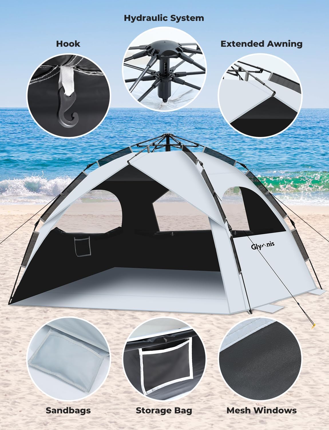 Strandmuschel Quick-Up Zelt mit UV-Schutz 50+, Silber mit schwarzem Vinyl