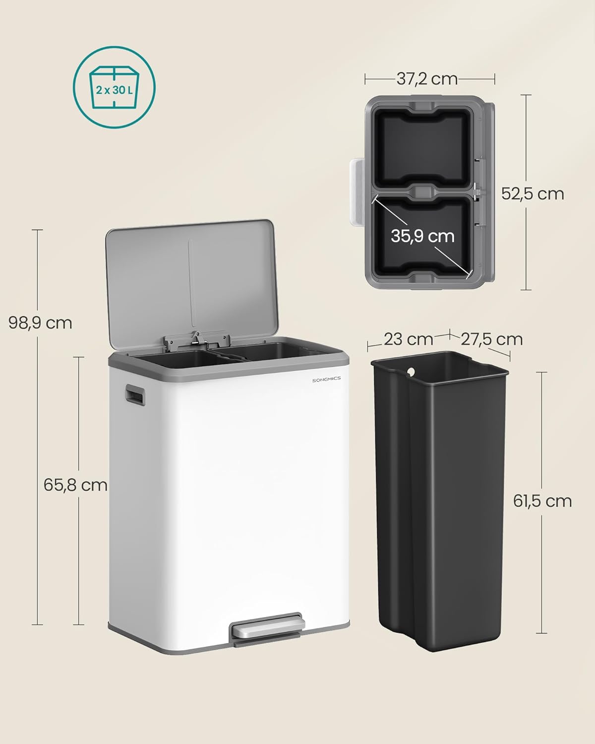 Mülltrennsystem 2x30L mit Softclose-Deckel, wolkenweiss 60 L