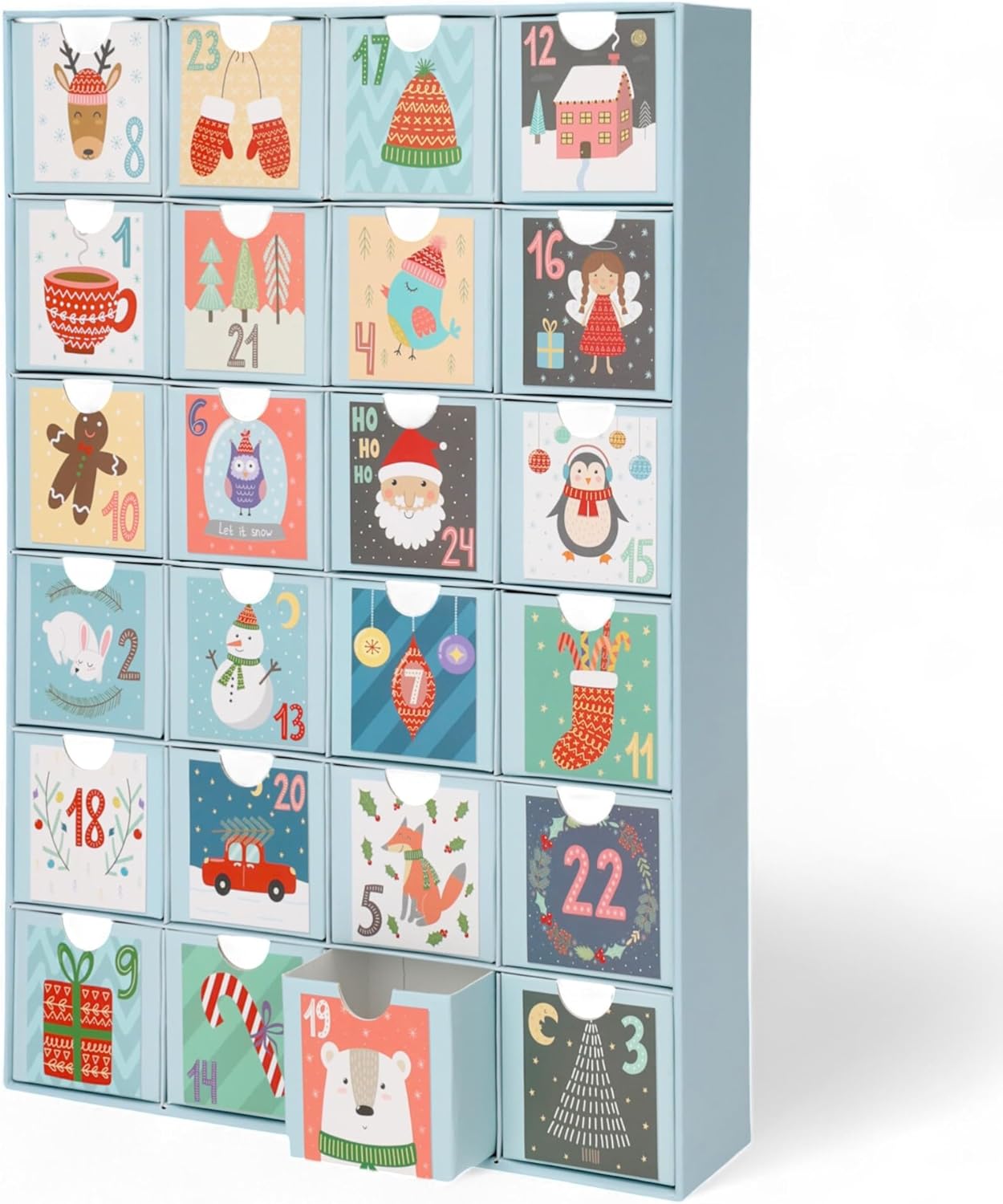 Adventskalender mit 24 Schubladen-Boxen, Zahlen & süße Motive