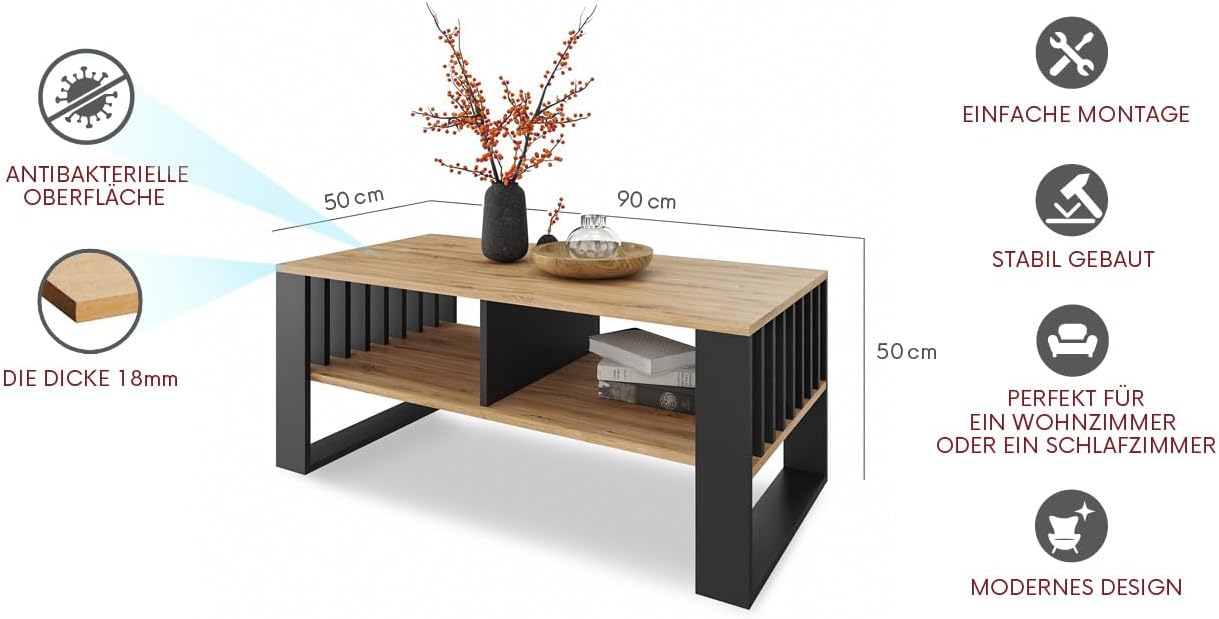 Moderner Couchtisch mit Stauraum und Lamellenelementen, Ewige Eiche