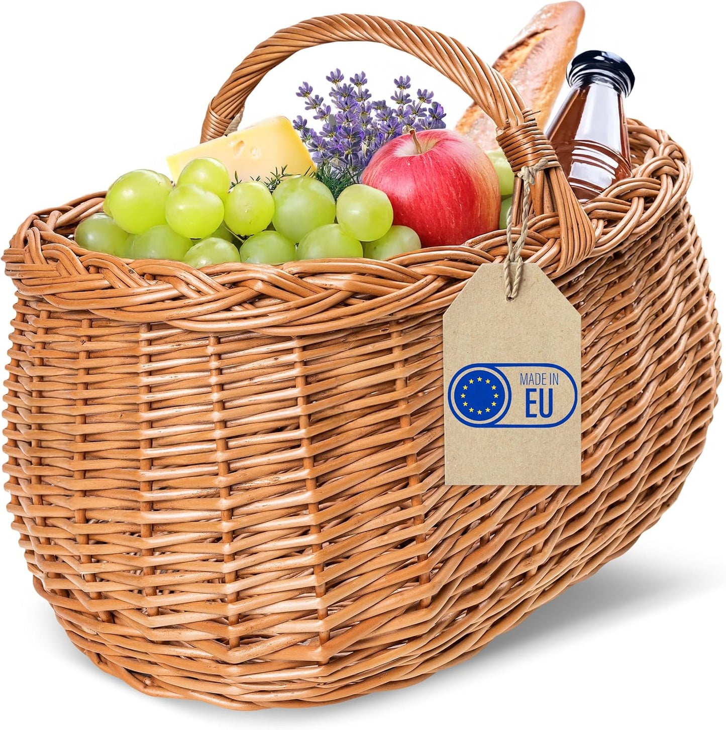 Grosser handgeflochtener Picknickkorb mit Henkel, 45 x 32 x 34 cm ; Natur (ohne Stoffeinlage)
