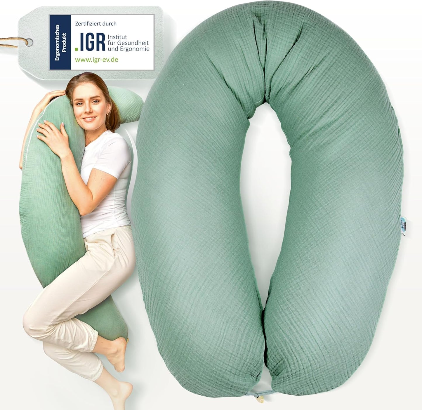 XXL-Stillkissen mit Musselin-Bezug, 190x35 cm, Musselin Mint Stillkissen 190x30