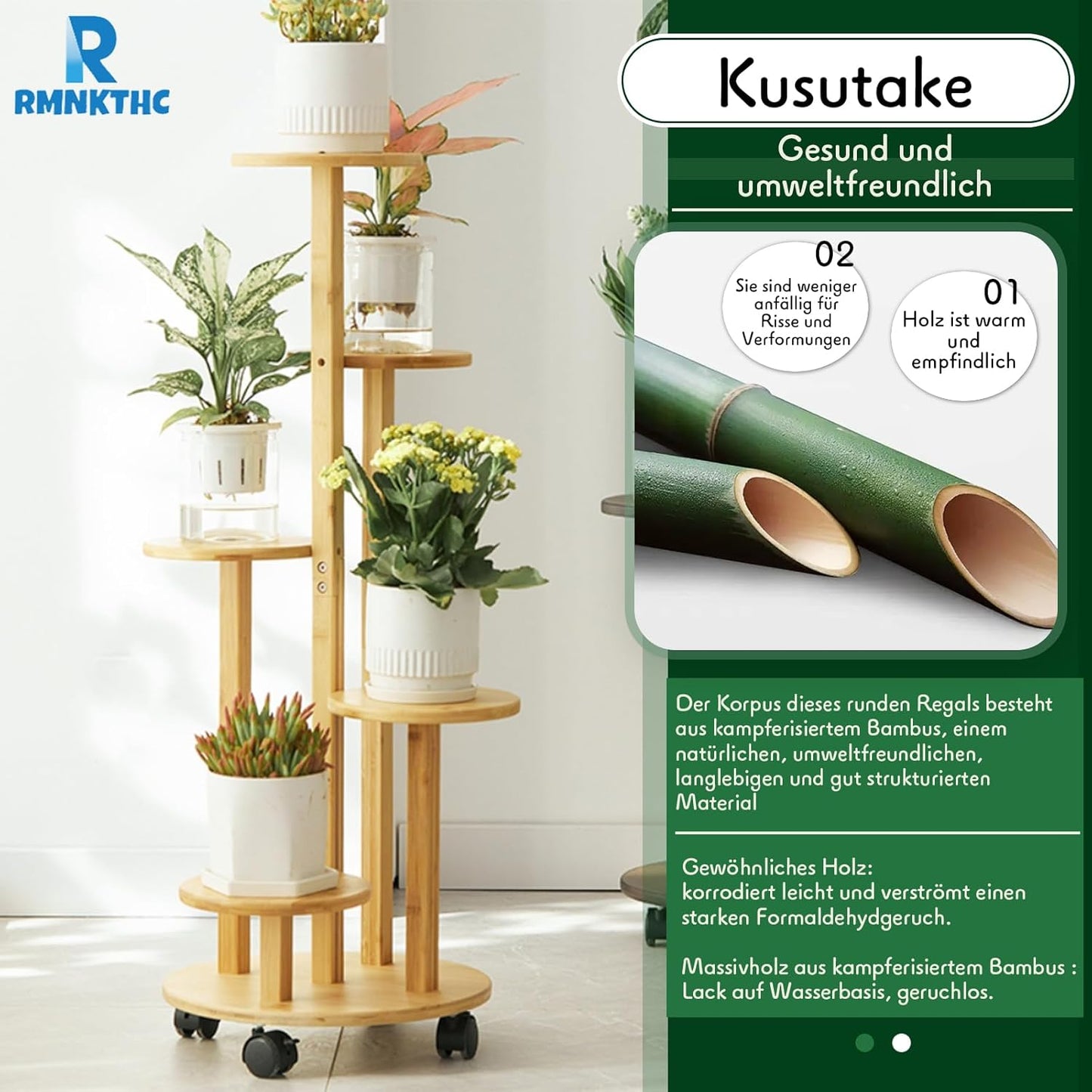 Bambus Blumenregal auf Rollen, 5-stufig, Holzfarbe 5-stufig